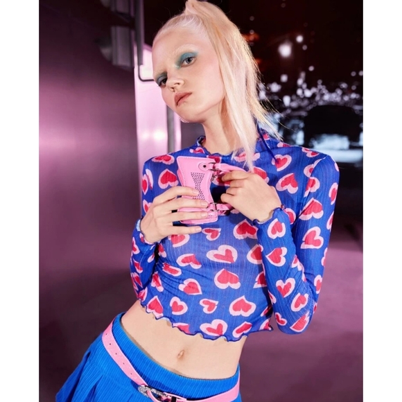 Heart Print Mesh Long Sleeve Top Blue Red Valentines Day Top Sizes S-L Available - Picture 5 of 8